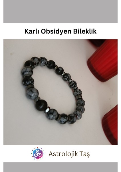 Karlı Obsidyen Doğal Taş Bileklik - Obsidyen Taşı & Hematit