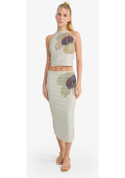 Coool Normal Bel Çiçek Desenli Tül Midi Kalem Etek