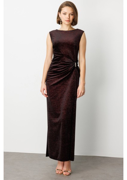 Beli Büzgülü Simli Kolsuz Elbise 4043-26K