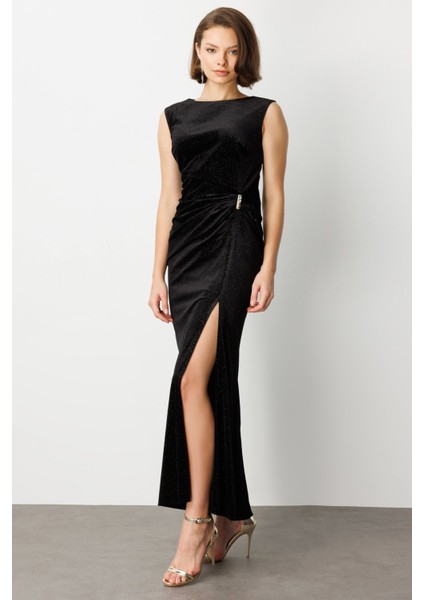 Beli Büzgülü Simli Kolsuz Elbise 4043-26K