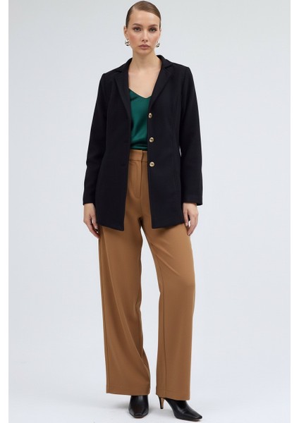 Tasarım Yaka Üç Düğme Kaşe Siyah Kaban