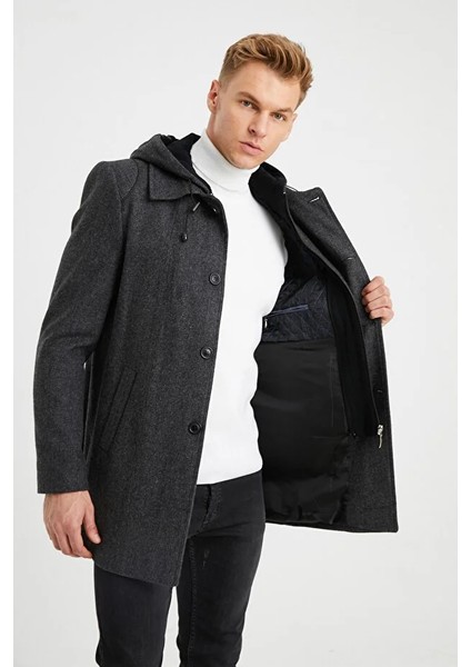 Erkek Füme Kapüşonlu Yün Karışımlı Desenli Kaşe Kaban 9490