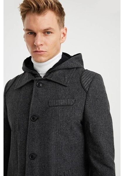 Erkek Füme Kapüşonlu Yün Karışımlı Desenli Kaşe Kaban 9490 modelleri