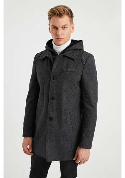 Erkek Füme Kapüşonlu Yün Karışımlı Desenli Kaşe Kaban 9490 fırsatları