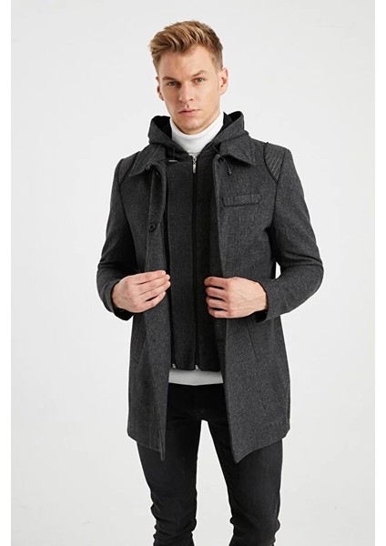 Erkek Füme Kapüşonlu Yün Karışımlı Desenli Kaşe Kaban 9490 indirimleri