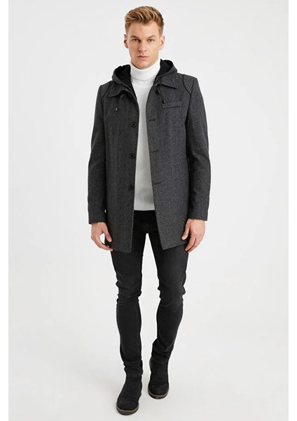 Erkek Füme Kapüşonlu Yün Karışımlı Desenli Kaşe Kaban 9490