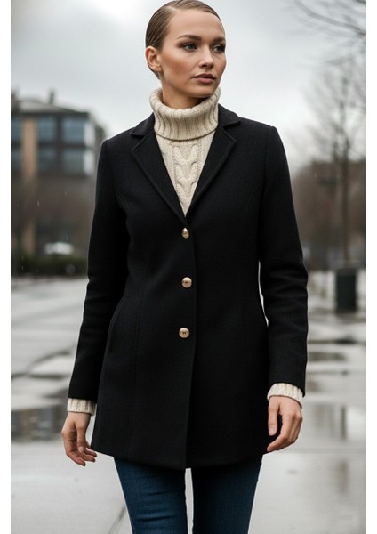 Tasarım Yaka Şık Kaşe Siyah Kaban