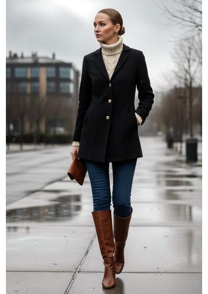 Tasarım Yaka Şık Kaşe Siyah Kaban fırsatları