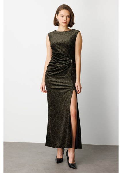 Beli Büzgülü Simli Kolsuz Elbise 4043-26K