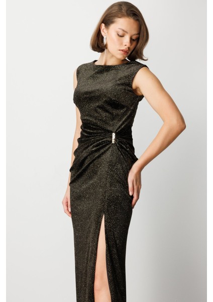 Beli Büzgülü Simli Kolsuz Elbise 4043-26K modelleri