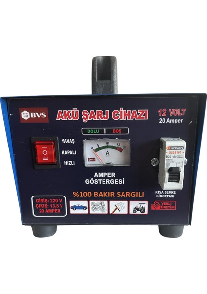 Akü Şarj Cihazı 12 Volt 20 Amper 12 Volt Tüm Aküleri Şarj Eder -Bakır Sargılı