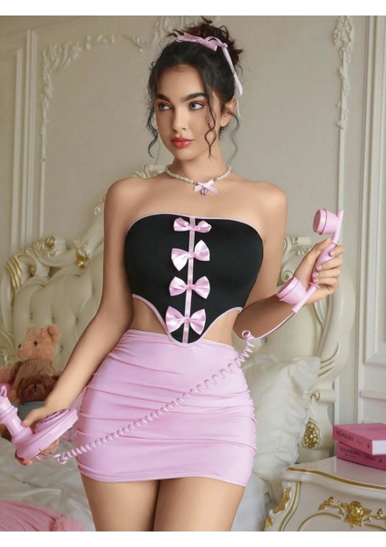 Kadın Pembe Etekli Fiyonk Detaylı Sexy Kostüm 8010