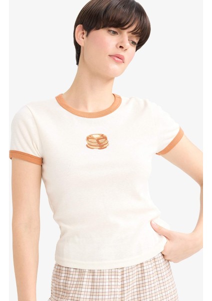 Fitted Bisiklet Yaka Baskılı Kısa Kollu Ribana Üst-Fall in Love