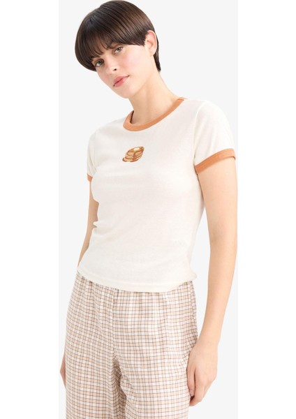 Fitted Bisiklet Yaka Baskılı Kısa Kollu Ribana Üst-Fall in Love