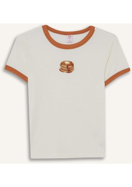 Fitted Bisiklet Yaka Baskılı Kısa Kollu Ribana Üst-Fall in Love