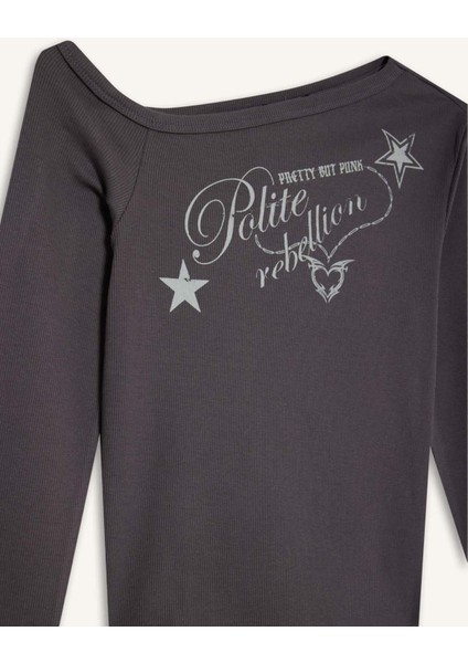 Coool Fitted Açık Omuzlu Fitilli Kaşkorse Uzun Kollu Tişört