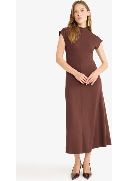 Yarım Balıkçı Yaka Ribana Kısa Kollu Midi Elbise F9956AX25AU