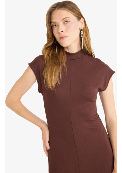 Yarım Balıkçı Yaka Ribana Kısa Kollu Midi Elbise F9956AX25AU