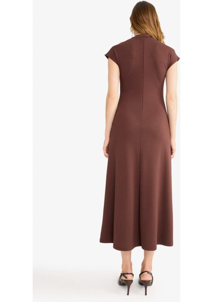 Yarım Balıkçı Yaka Ribana Kısa Kollu Midi Elbise F9956AX25AU