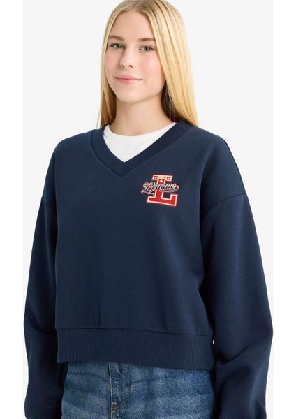 Coool Loose Fit V Yaka Baskılı Sweatshirt