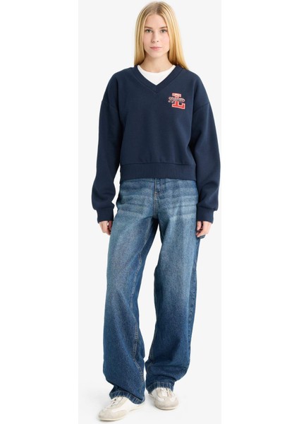 Coool Loose Fit V Yaka Baskılı Sweatshirt