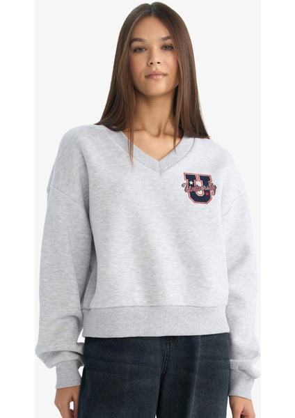 Coool Loose Fit V Yaka Nakışlı Sweatshirt F9910AX25AU