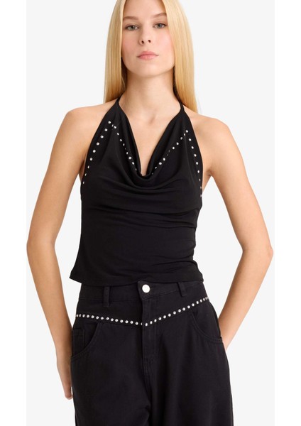 Fitted Boyundan Bağlamalı Taşlı Bluz G1612AX25AU