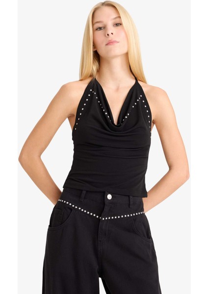 Fitted Boyundan Bağlamalı Taşlı Bluz G1612AX25AU