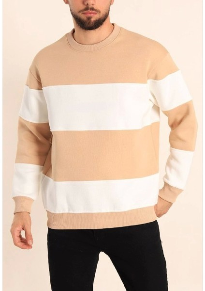 Parçalı Bisiklet Yaka Baskılı Sweatshirt - Bej