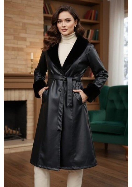Kadın Yakası Tüylü Kuşaklı Içi Astarlı Deri Siyah Trençkot