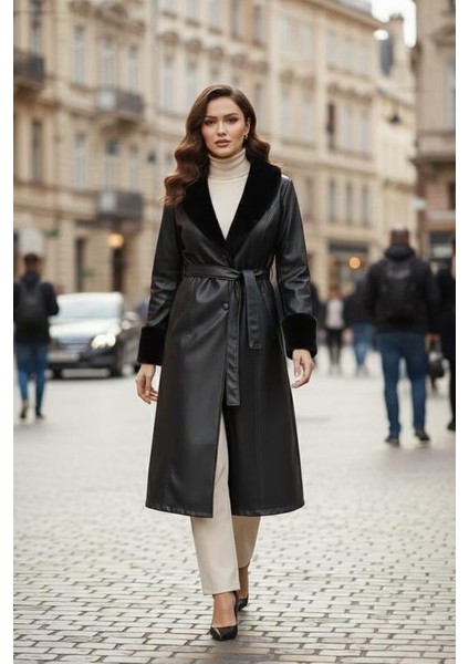 Kadın Yakası Tüylü Kuşaklı Içi Astarlı Deri Siyah Trençkot fiyatları