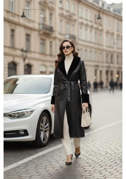 Kadın Yakası Tüylü Kuşaklı Içi Astarlı Deri Siyah Trençkot modelleri