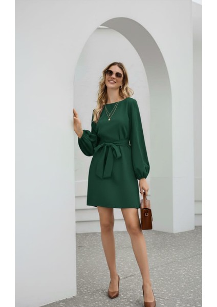 Kadın Beyaz Uzun Kollu Bel Bağcıklı Mini Elbise