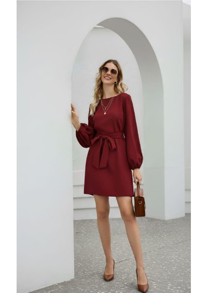 Kadın Beyaz Uzun Kollu Bel Bağcıklı Mini Elbise