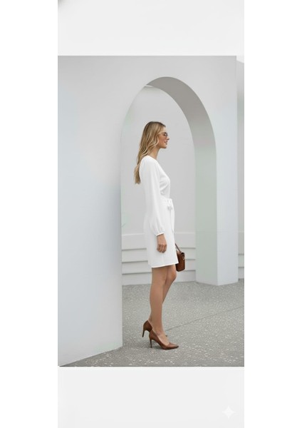 Kadın Beyaz Uzun Kollu Bel Bağcıklı Mini Elbise fiyatları