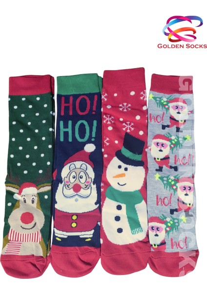 4 Çift Unisex Yılbaşı Çorabı, Noel Renkli Soket Çorap