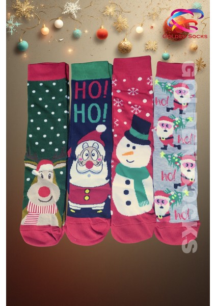 4 Çift Unisex Yılbaşı Çorabı, Noel Renkli Soket Çorap