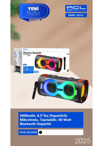 Acs-21 - 60W Gücünde 2x6.5”i̇nç Hoparlörlü Mikrofonlu, Taşınabilir Parti Hoparlörü Bluetooth
