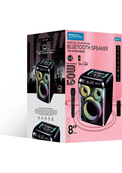 Acs-7 50W Gücünde 8”inch Hoparlörlü Mikrofonlu, Rgb Işıklı Bluetooth Hoparlör