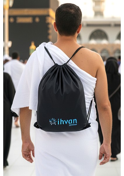Hac Umre Terlik Çantası, Suya Dayanıklı, Büzmeli Ayarlanabilir Torba Sırt Çantası Siyah