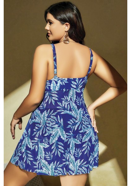 Büyük Beden Mavi Üstüne Yaprak Desenli Yırtmaçlı Gecelik fiyatları