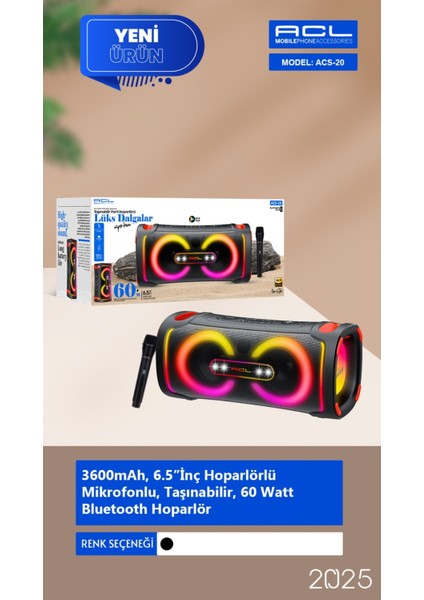 Acs-20 - 60W Gücünde 2x6.5”inç Hoparlörlü Mikrofonlu, Taşınabilir Parti Hoparlörü Bluetooth