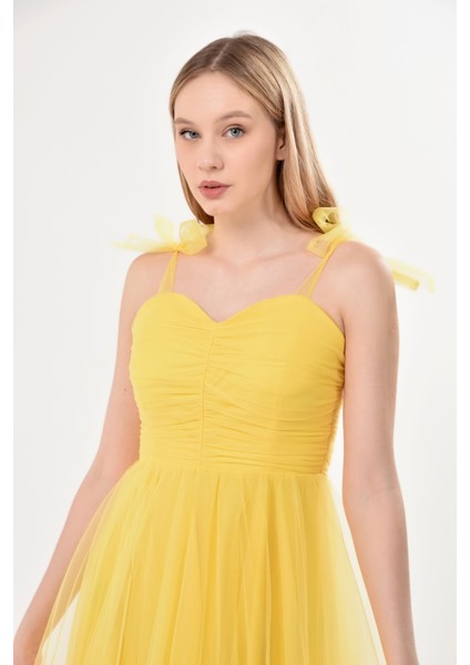 Omuzları Bağlamalı Renkli Tül Abiye Elbise fiyatları