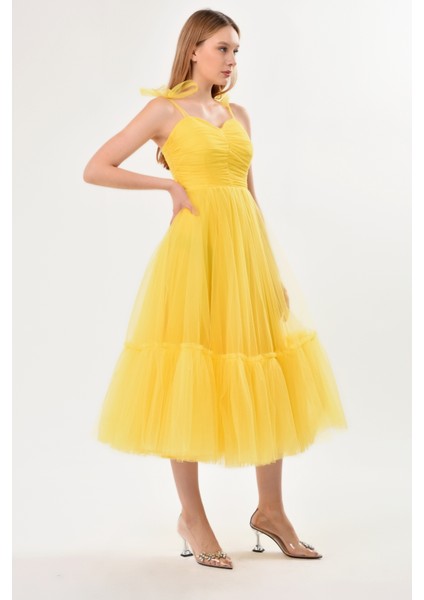 Omuzları Bağlamalı Renkli Tül Abiye Elbise modelleri