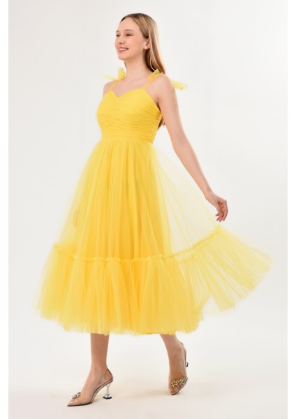 Omuzları Bağlamalı Renkli Tül Abiye Elbise fırsatları