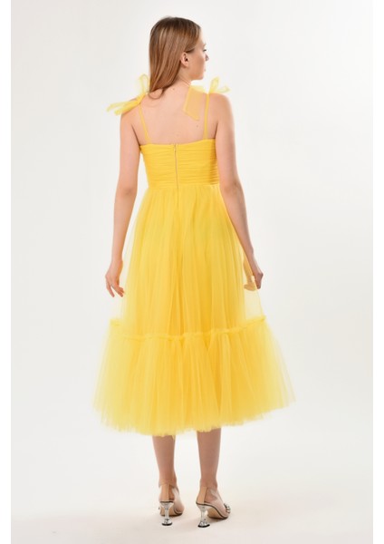 Omuzları Bağlamalı Renkli Tül Abiye Elbise indirimleri