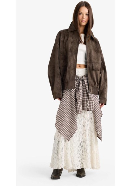 Afra x DeFacto Dad Fit Polo Yaka Fermuarlı Süet Ceket F9502AX26SP