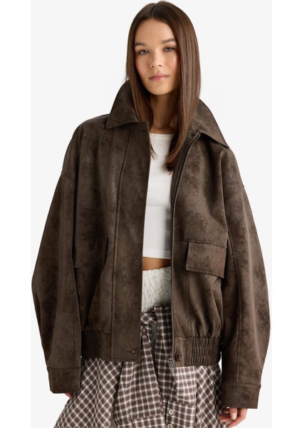 Afra x DeFacto Dad Fit Polo Yaka Fermuarlı Süet Ceket F9502AX26SP