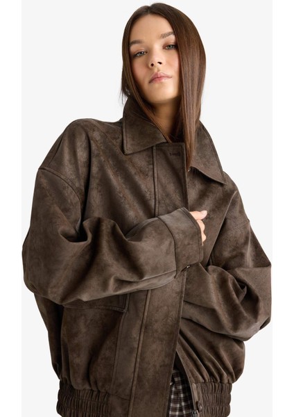 Afra x DeFacto Dad Fit Polo Yaka Fermuarlı Süet Ceket F9502AX26SP