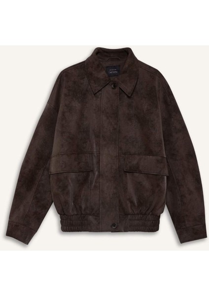 Afra x DeFacto Dad Fit Polo Yaka Fermuarlı Süet Ceket F9502AX26SP